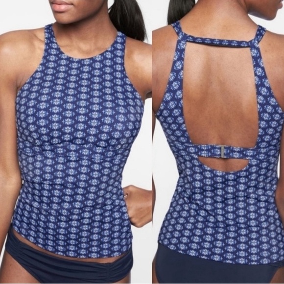 Athleta Other - Athleta Tangier High Neck Tankini Top 34D /DD Blue Open Back Underwire
